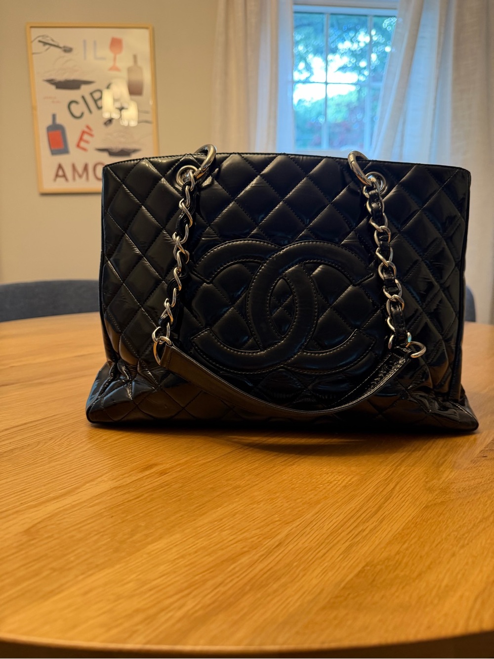 Authentic Chanel Black Patent Leather GST with Silver